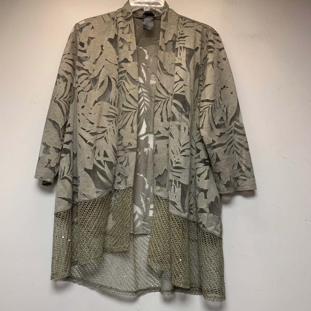 Chico's Travelers Kimono Women 1 Sage Green‎ Excellent Burnout Palm Mesh Sequin